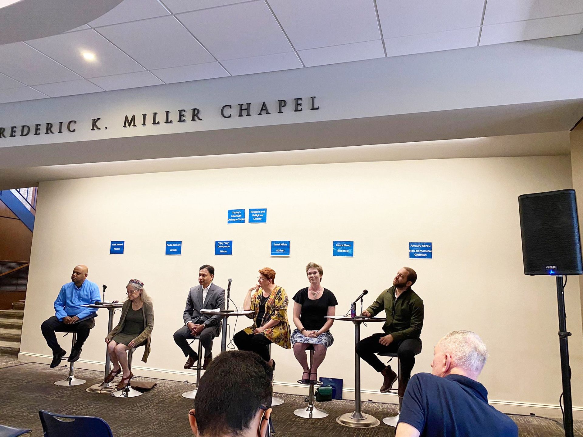 On the interfaith dialogue panel at the Frederic K. Miller Chapel, representing the non-denominational Christian perspective.